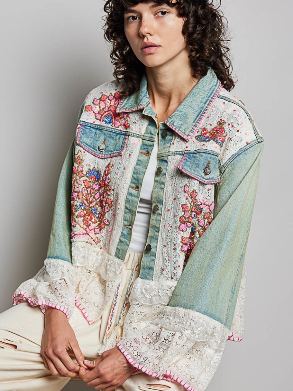 CRAZY Beautiful! POL Sequins/Lace Denim Jacket - Picture 2 of 6